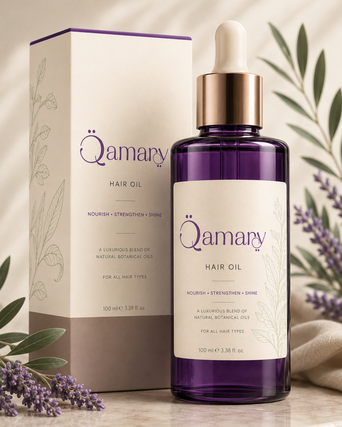 Concept mockup of a purple Qamary hair oil bottle and box